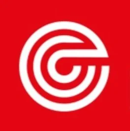 Rotes Logo mit weißen, abgerundeten Linien, die eine stilisierte Buchstabenschleife formen.