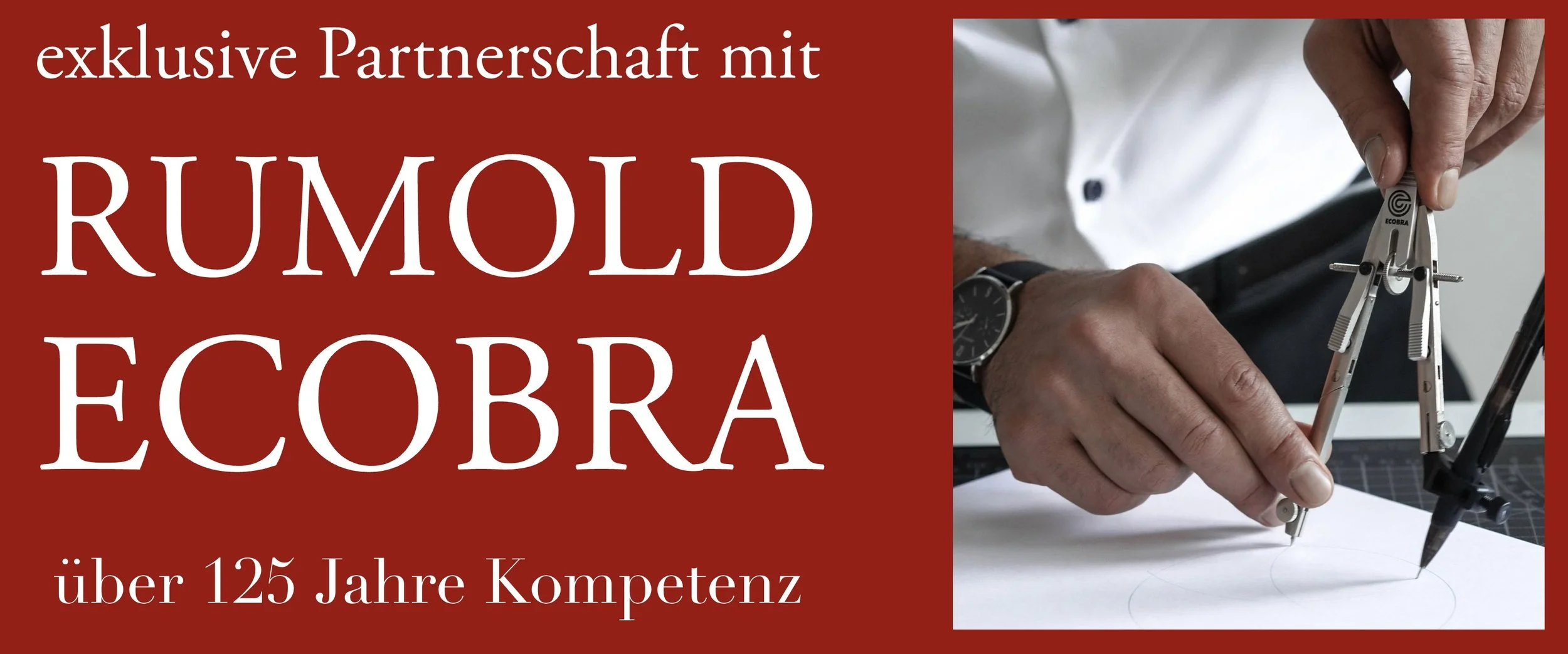 Grafik mit Text über eine Partnerschaft mit RUMOLD ECOPRA, zeigt einen Ingenieur mit Zirkel und Bleistift beim technischen Zeichnen, roter Hintergrund.