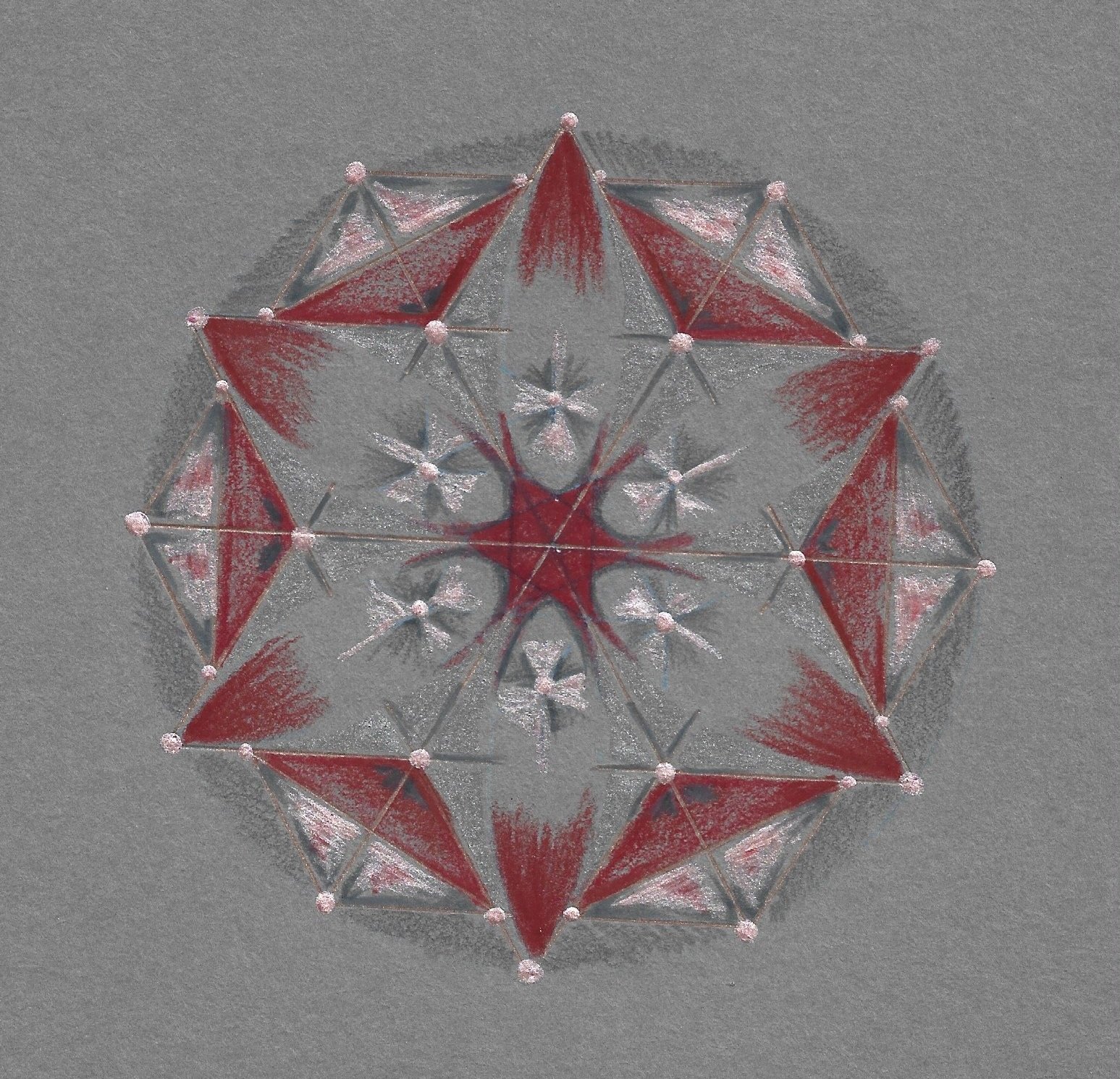 Schneeflocke mit roten und weißen Mustern auf grauem Hintergrund.