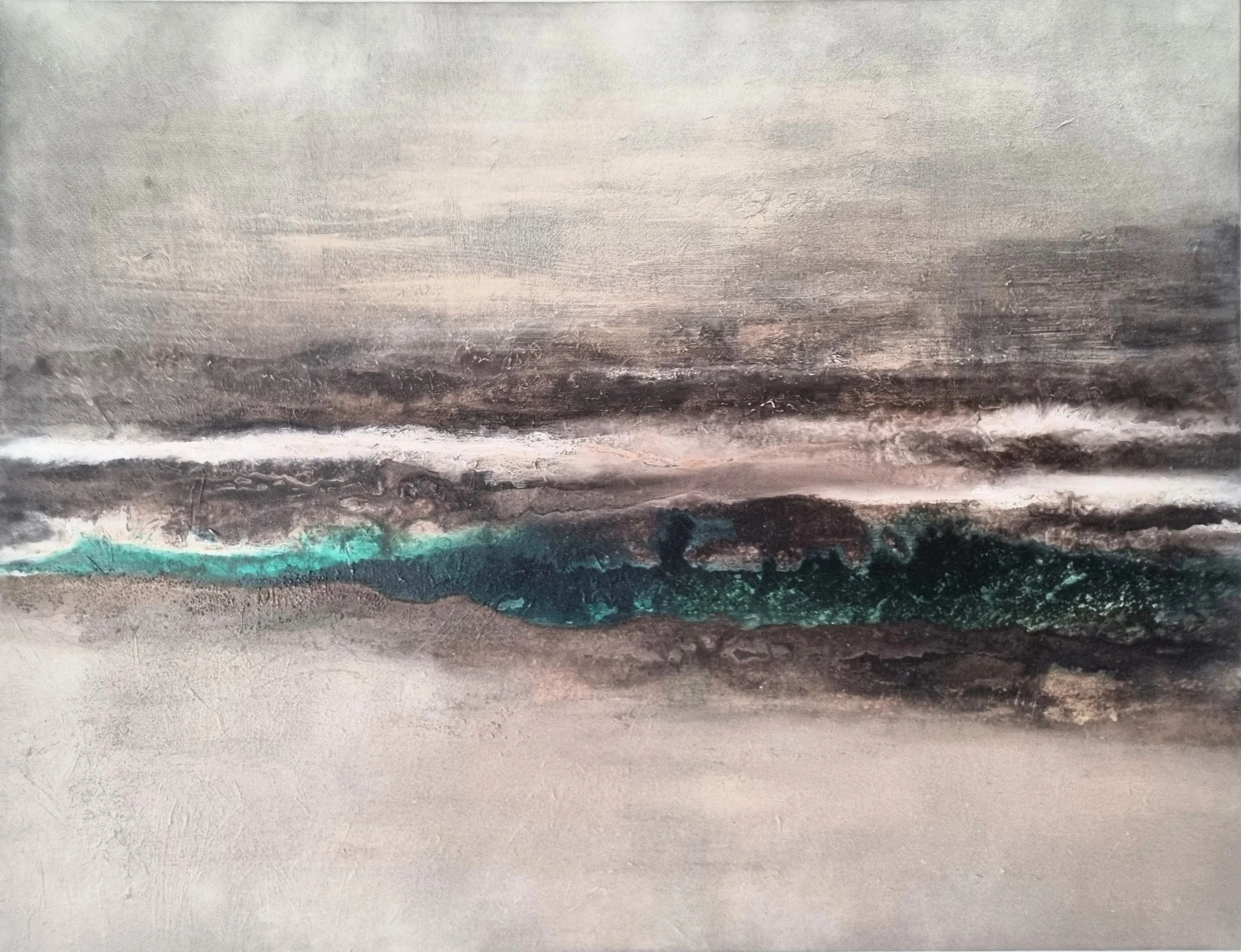 Deriva, pintura abstracta original técnica mixta 90x115 cm, tonos tierra y verde esmeralda, Maika Vera