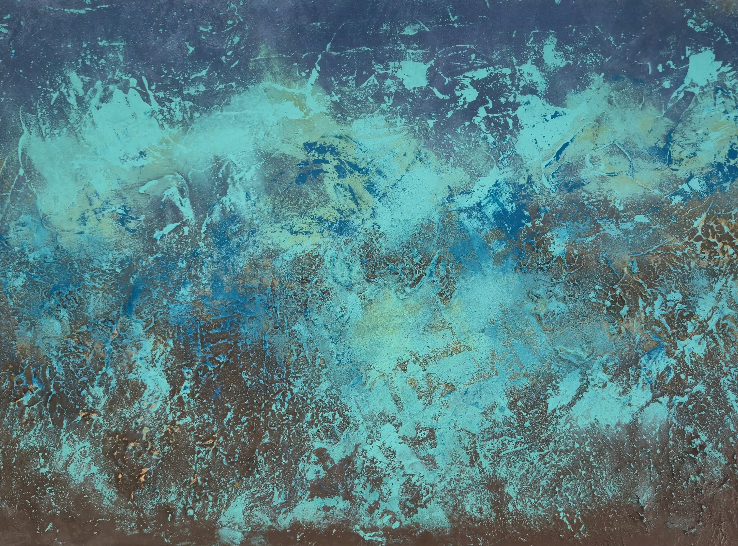 Surgencia, cuadro abstracto original 50x70 cm técnica mixta con textura, gestualidad y libertad, colores azules, marrones, Maika Vera