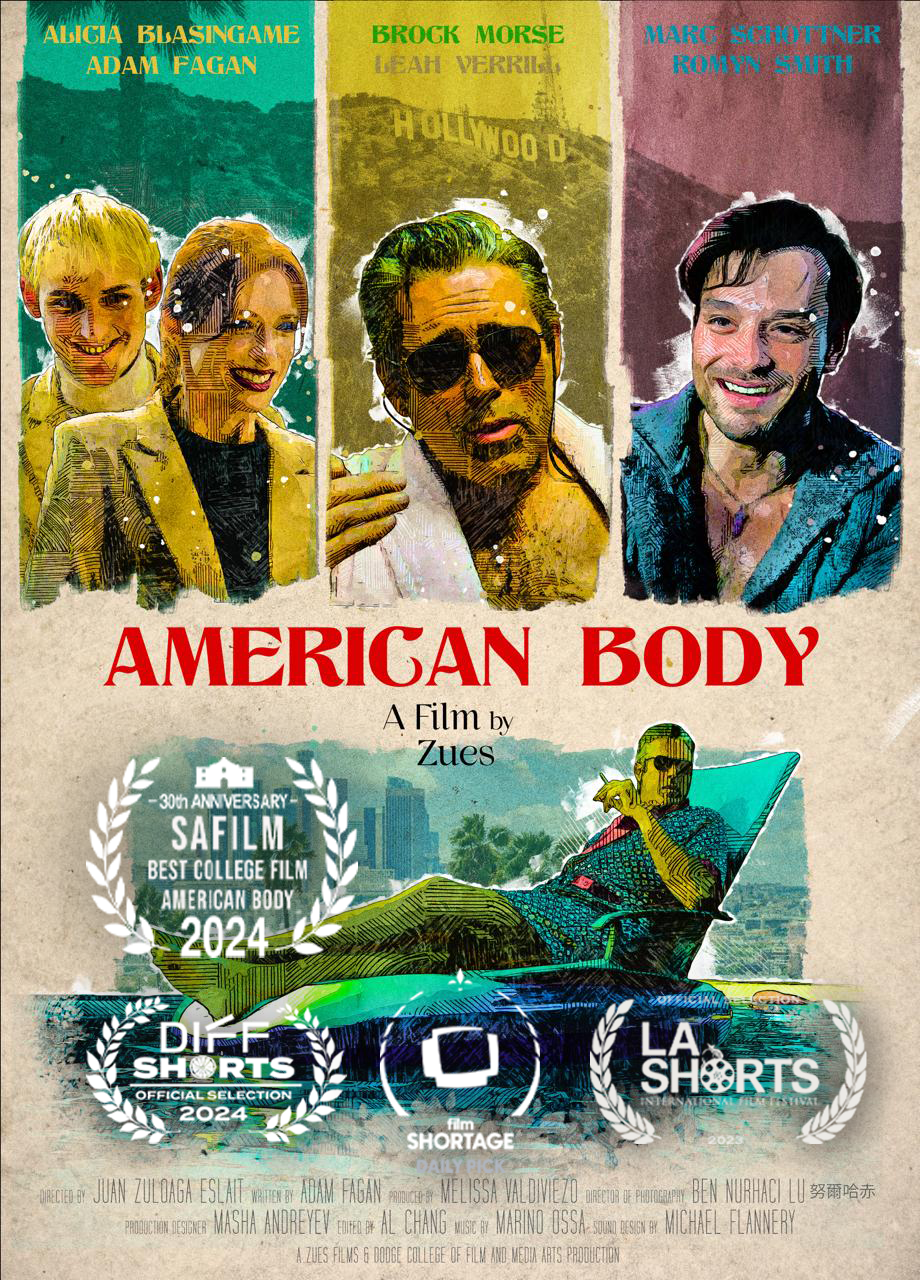 Poster for the film "American Body" featuring photos of four actors: Alicia Blasingame, Adam Fagan, Brock Morse, and Marc Schottner in colorful artistic style. The background has scenes of Hollywood and cityscapes, with award laurels and film festival logos at the bottom.