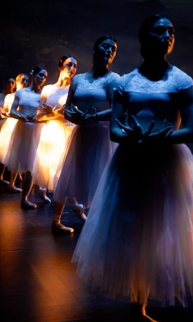 Group of ballerinas in white tutus and leotards standing in a line during a performance, illuminated by stage lights.