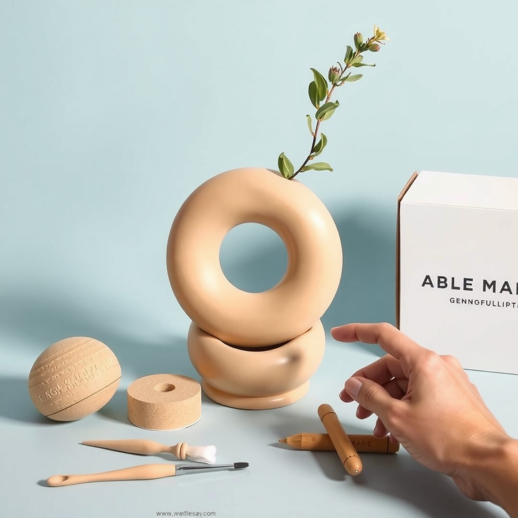Minimalist handmade donut-shaped clay vase in soft neutral tones