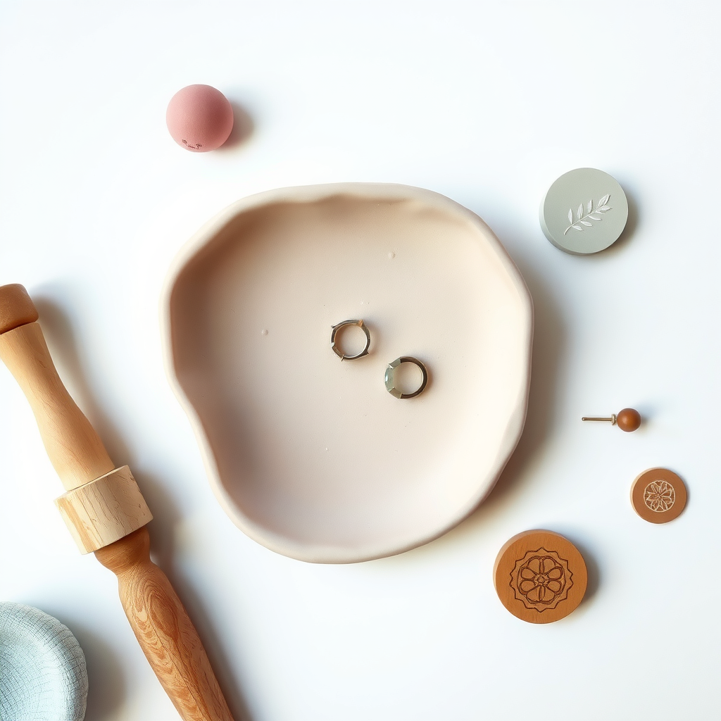 Elegant air-dry clay ring dish with imprinted textures and soft detailing