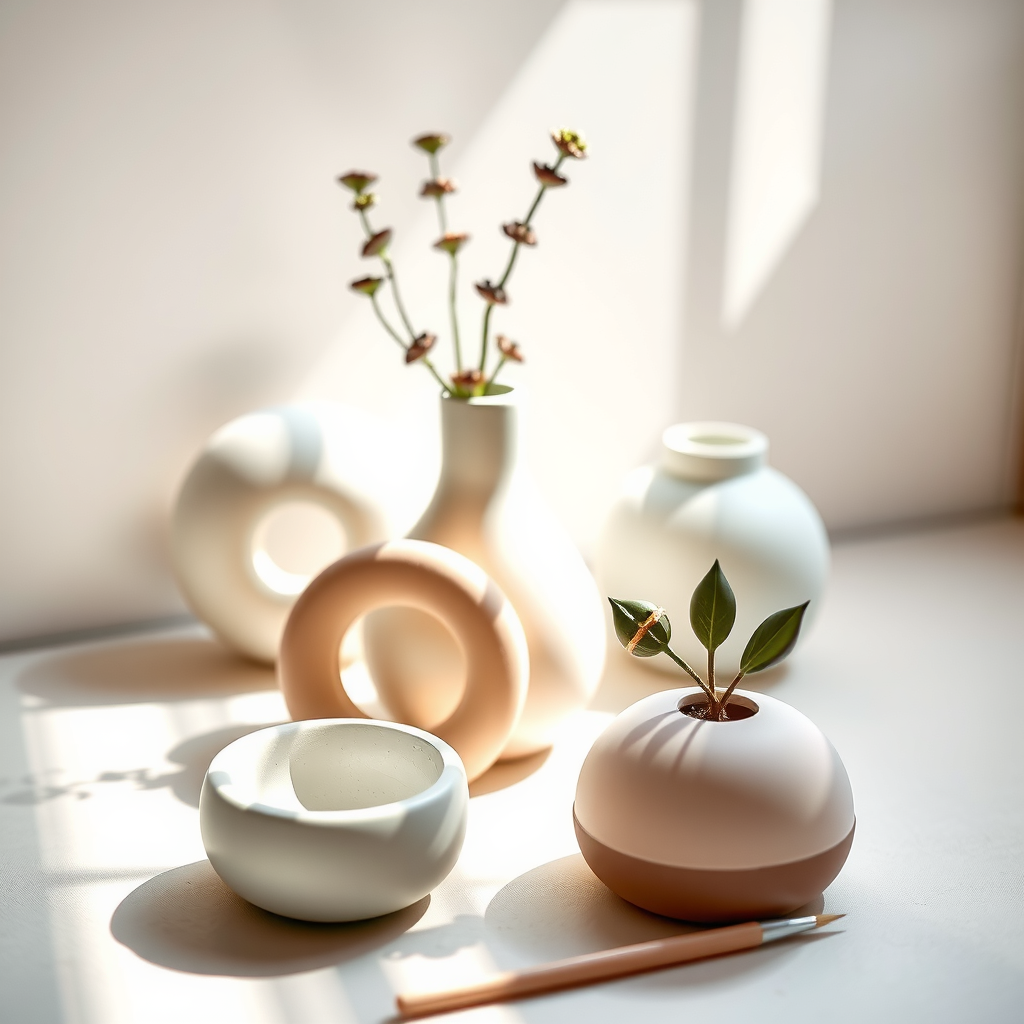 All four sculptural clay creations styled together — donut vase, handled vase, ring dish, and plant pot