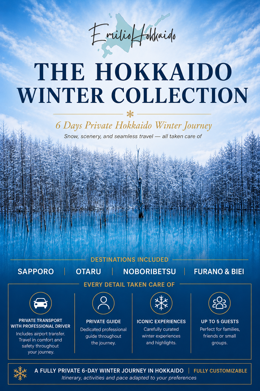 Private winter tour in Hokkaido — Blue Pond in Biei covered in snow