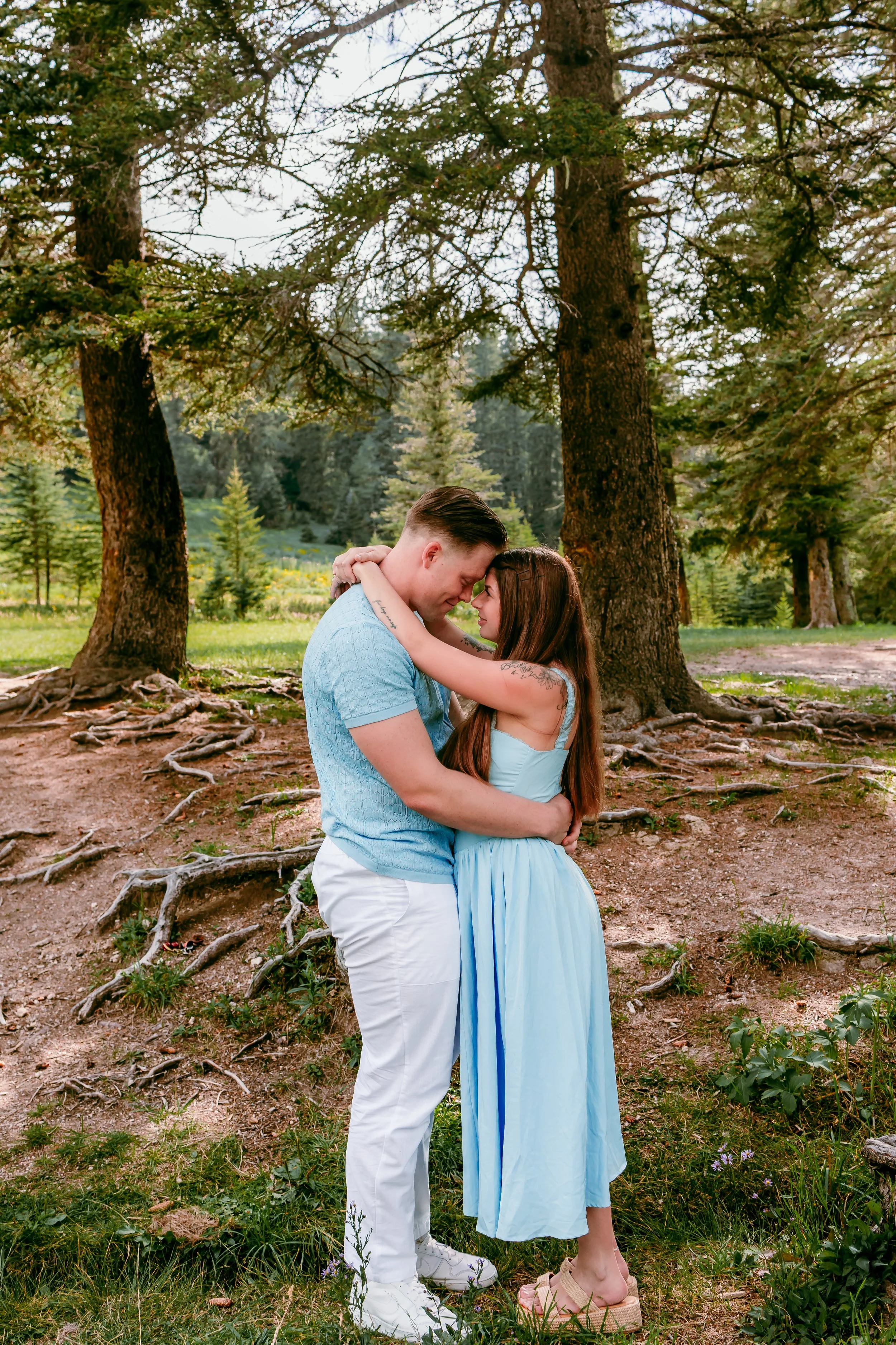 Couple embracing beneath the pine trees during a romantic engagement session in Cloudcroft, New Mexico.