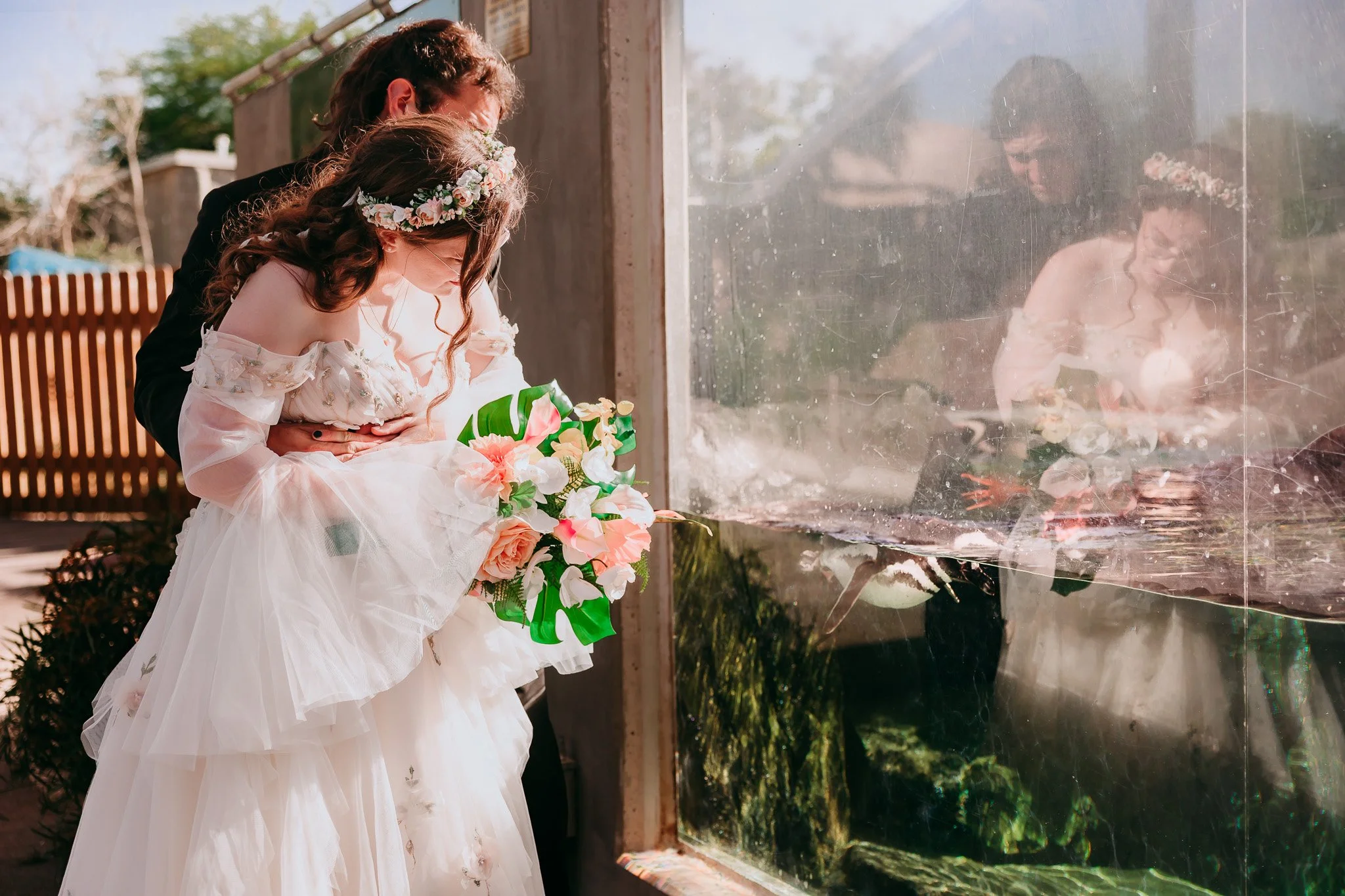 Bride and groom holding each other while watching penguins swim during their wedding portraits at the El Paso Zoo in El Paso, Texas.