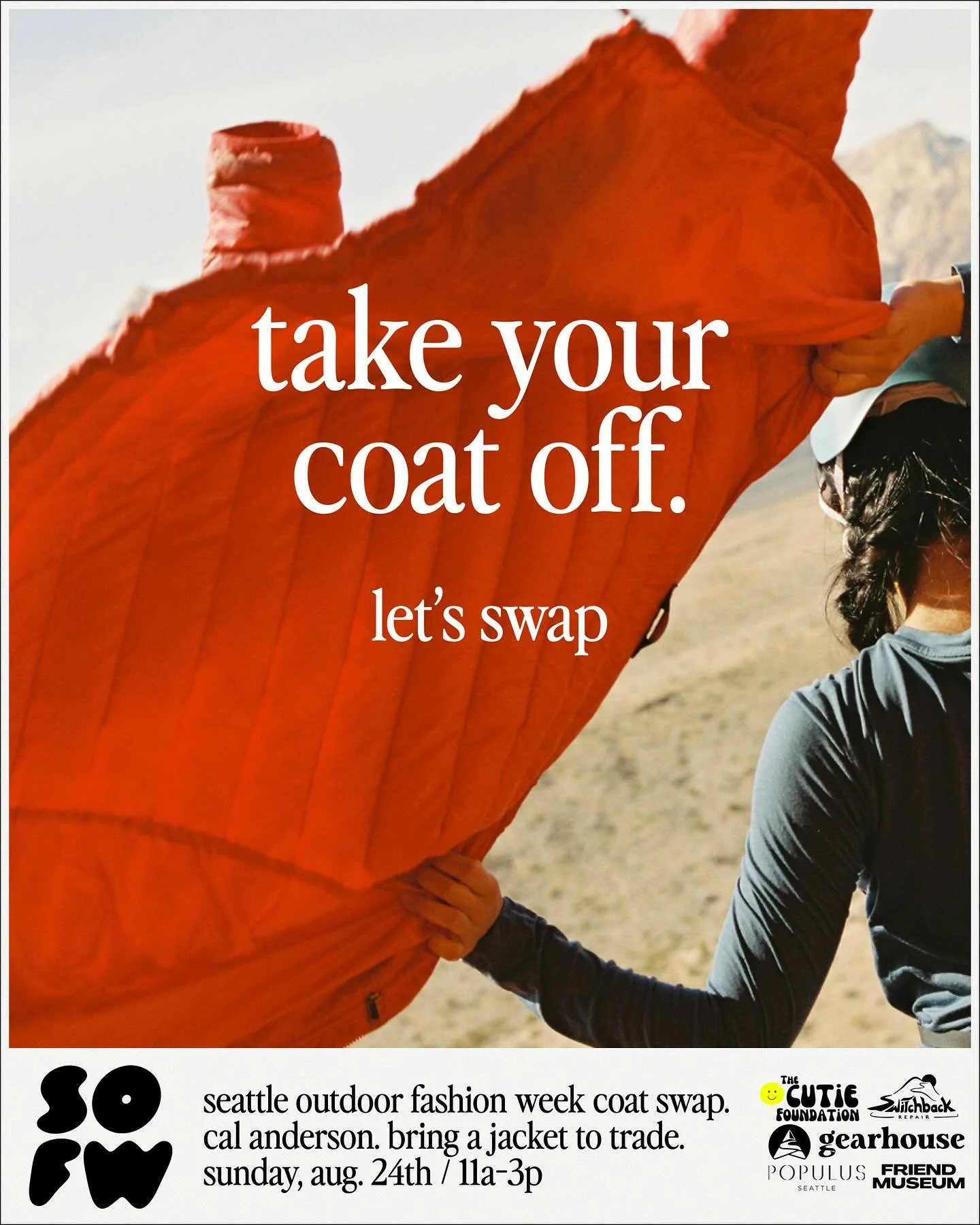 It's hot. So are you. Take your coat off, let's swap. 

Bring a jacket or two to trade this Sunday at Cal Anderson park in celebration of Seattle Outdoor Fashion week. Better yet? Your coat is your entry for a chance to win a stay at the @populushote