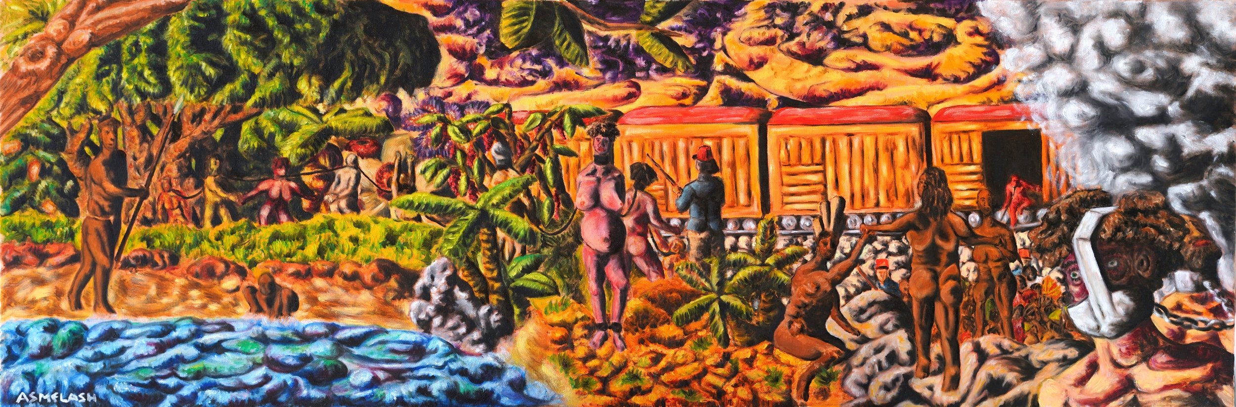 A chain of enslaved people walk in line towards some wagons stationed in the background. The center is hold by a chained naked woman