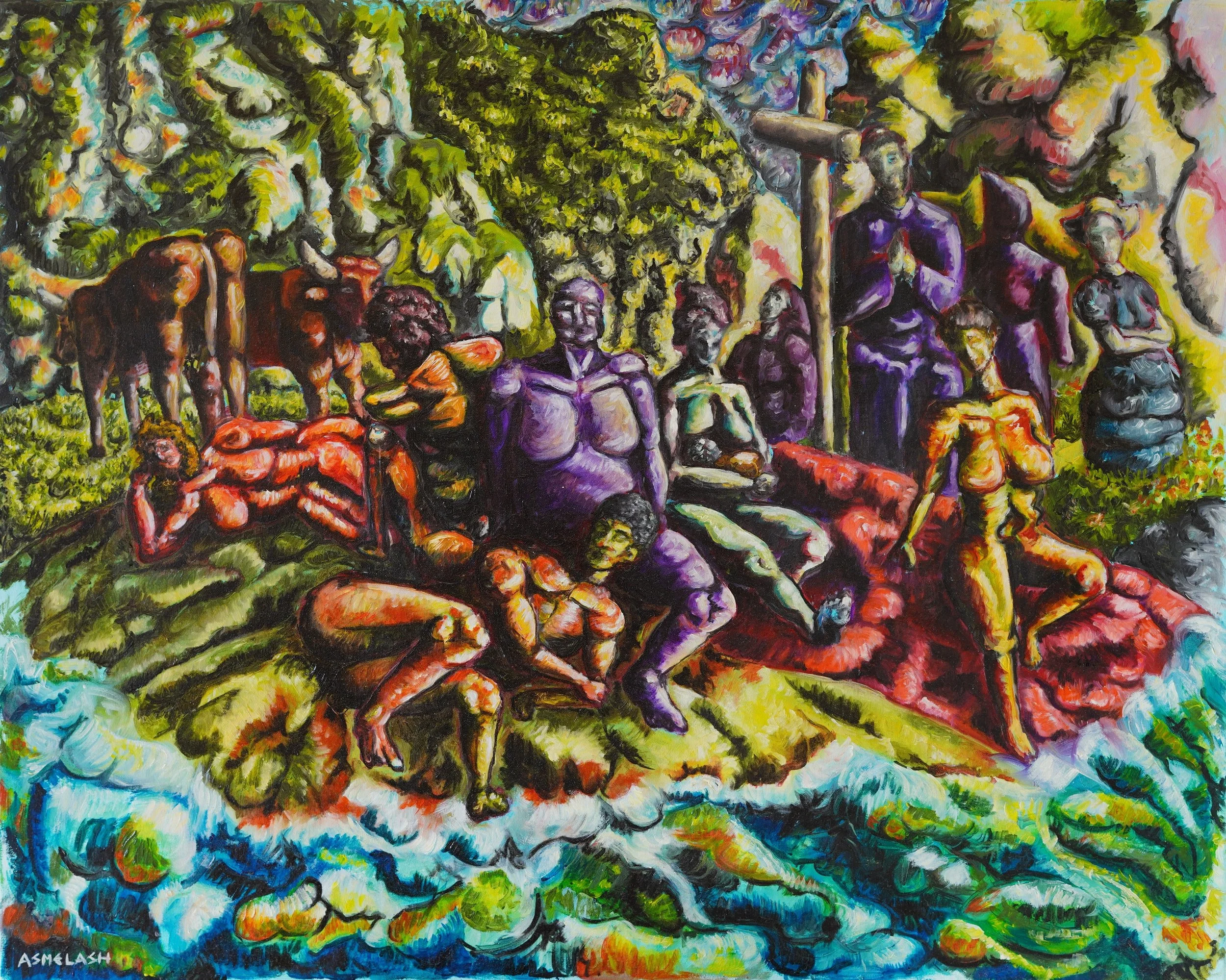 Portrait of a group of people close to the shore, surrounded by nature (grren pastures, mountains and cattle) and by christian missionaries