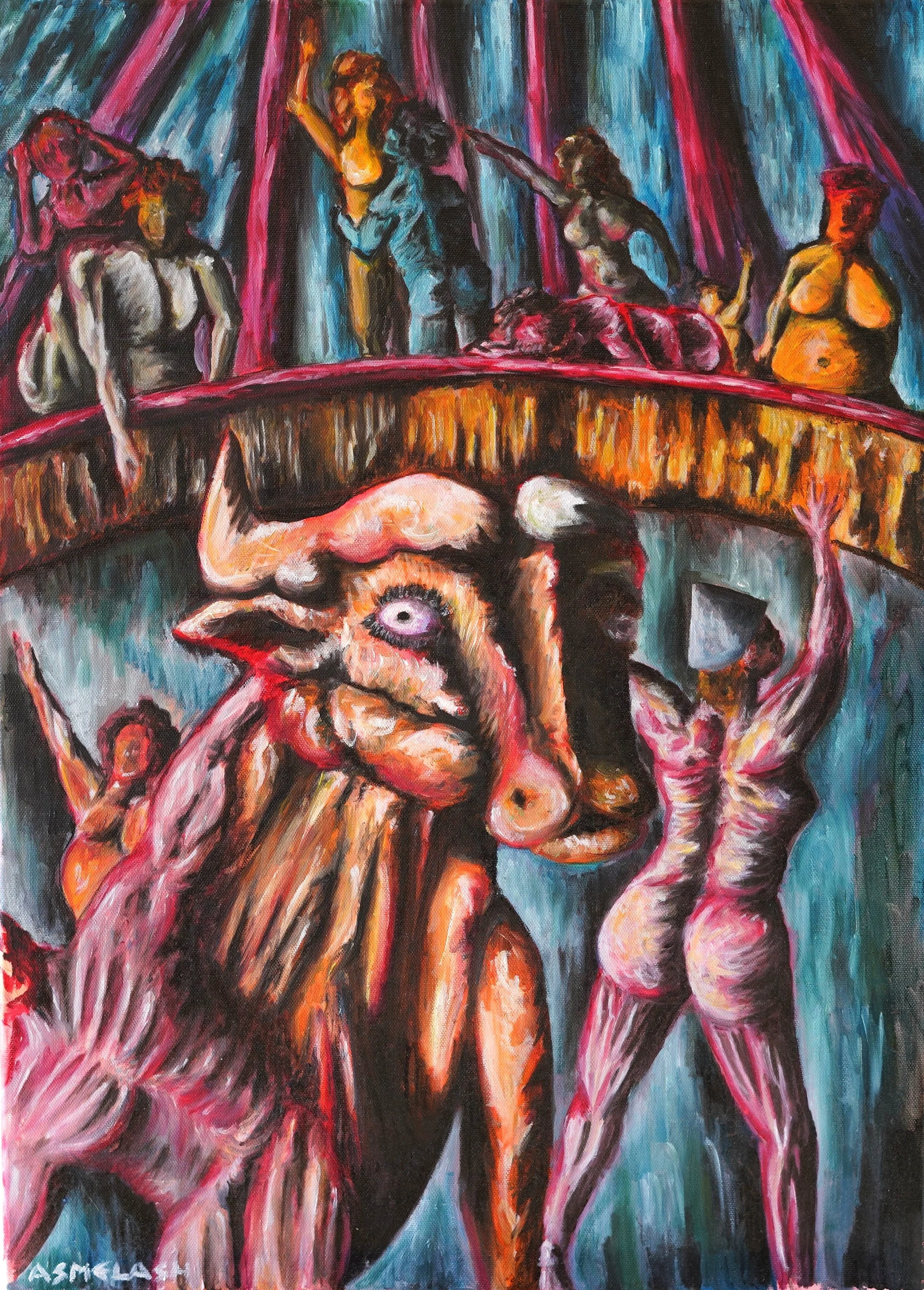 A taurus is tamed and humans above a balcony watch