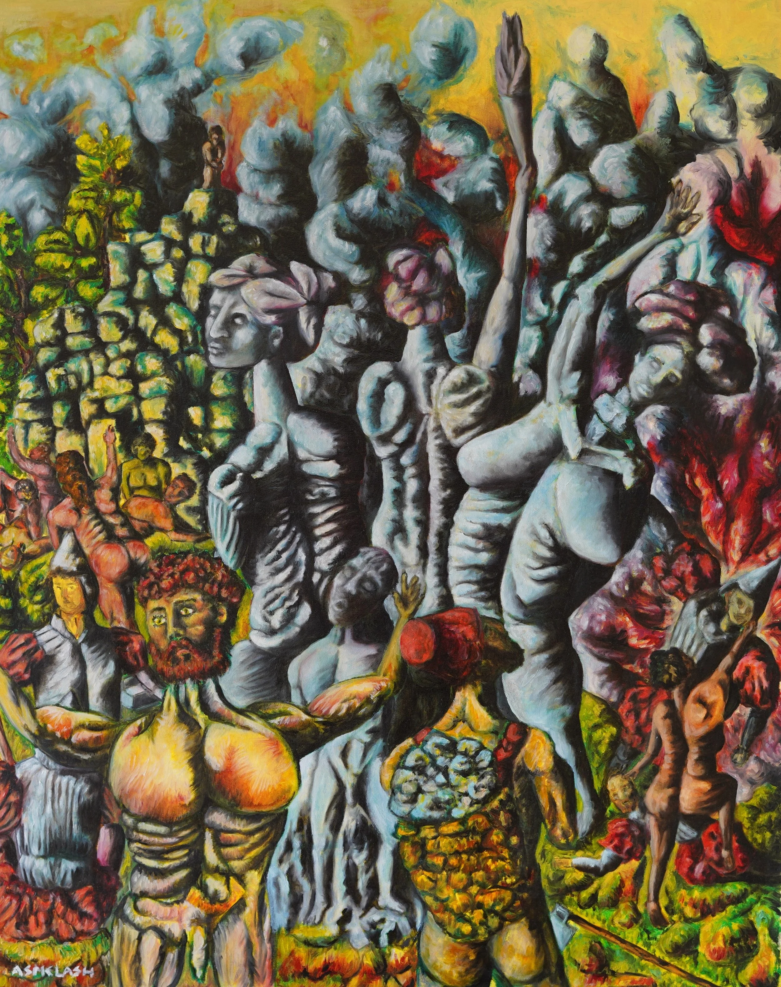 A crowd revolts at the feet of a huge tripartite statue. Fire and violence erupts