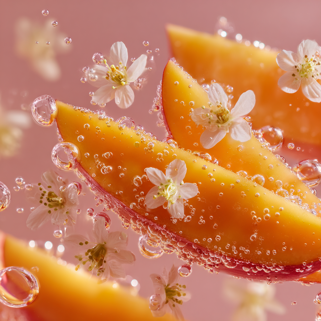 Rebanadas de melón con burbujas y flores blancas flotando sobre un fondo rosa.