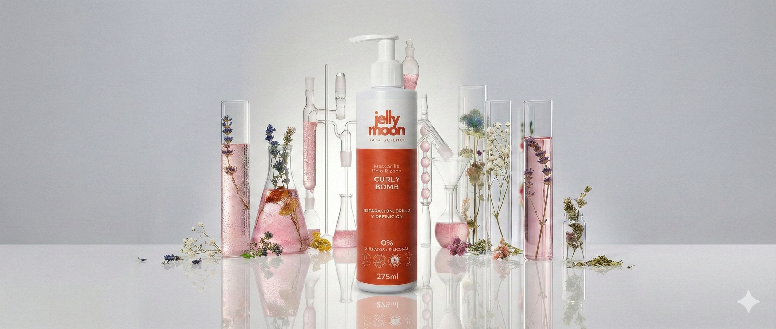 Frascos con plantas secas y un bote de gel para el cabello en un fondo gris claro