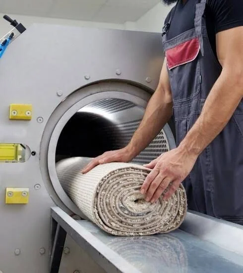 Kişi, temizlemek için rulo halıyı çamaşır makinesine yerleştiriyor.