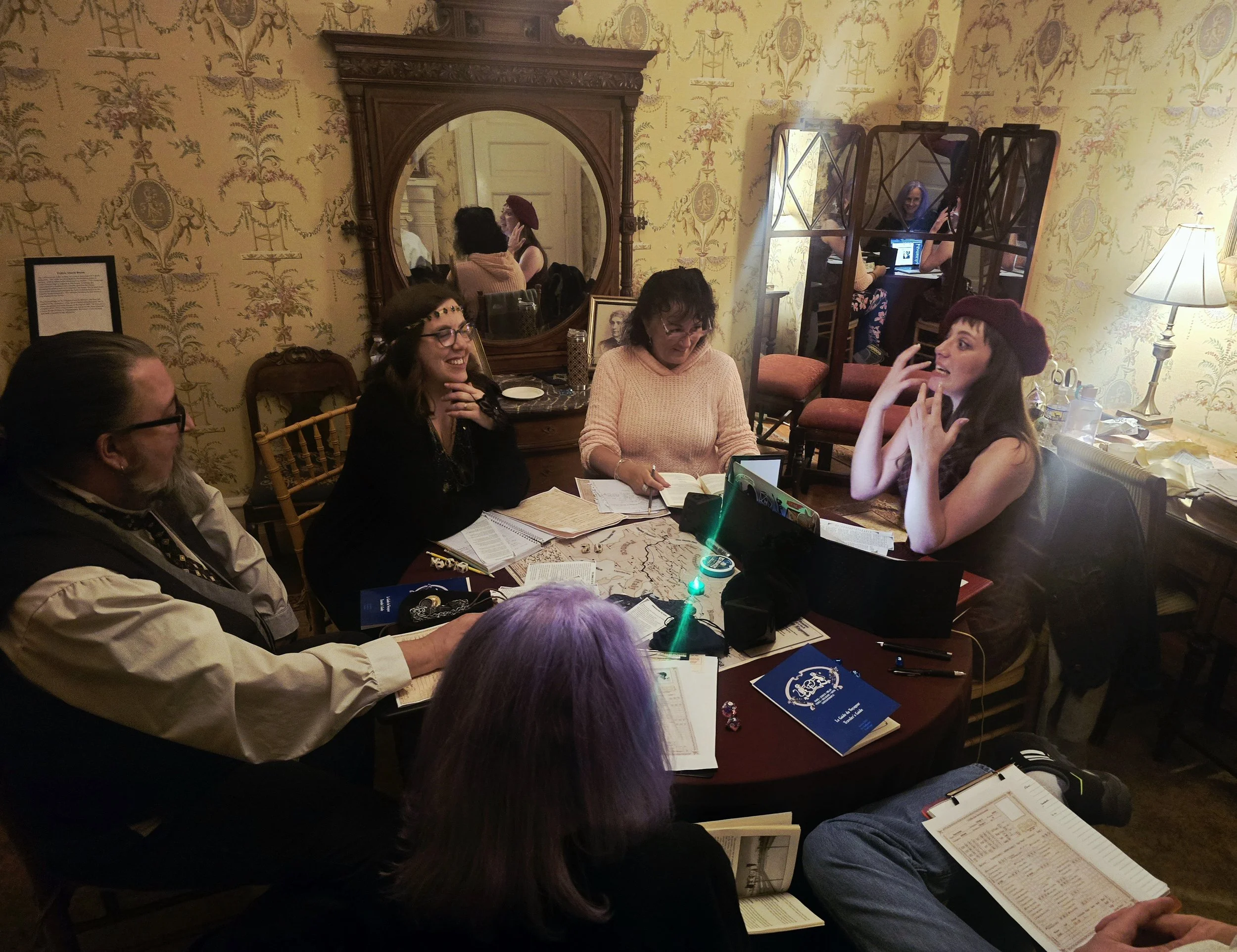 Players and a game master running an immersive tabletop RPG session in a castle setting, similar to Dungeons & Dragons, Pathfinder, and Call of Cthulhu.