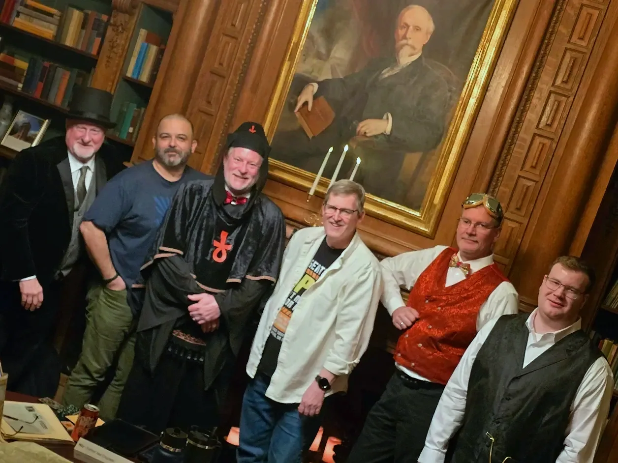 A cosplayer adventure party having fun exploring a historic castle tower.