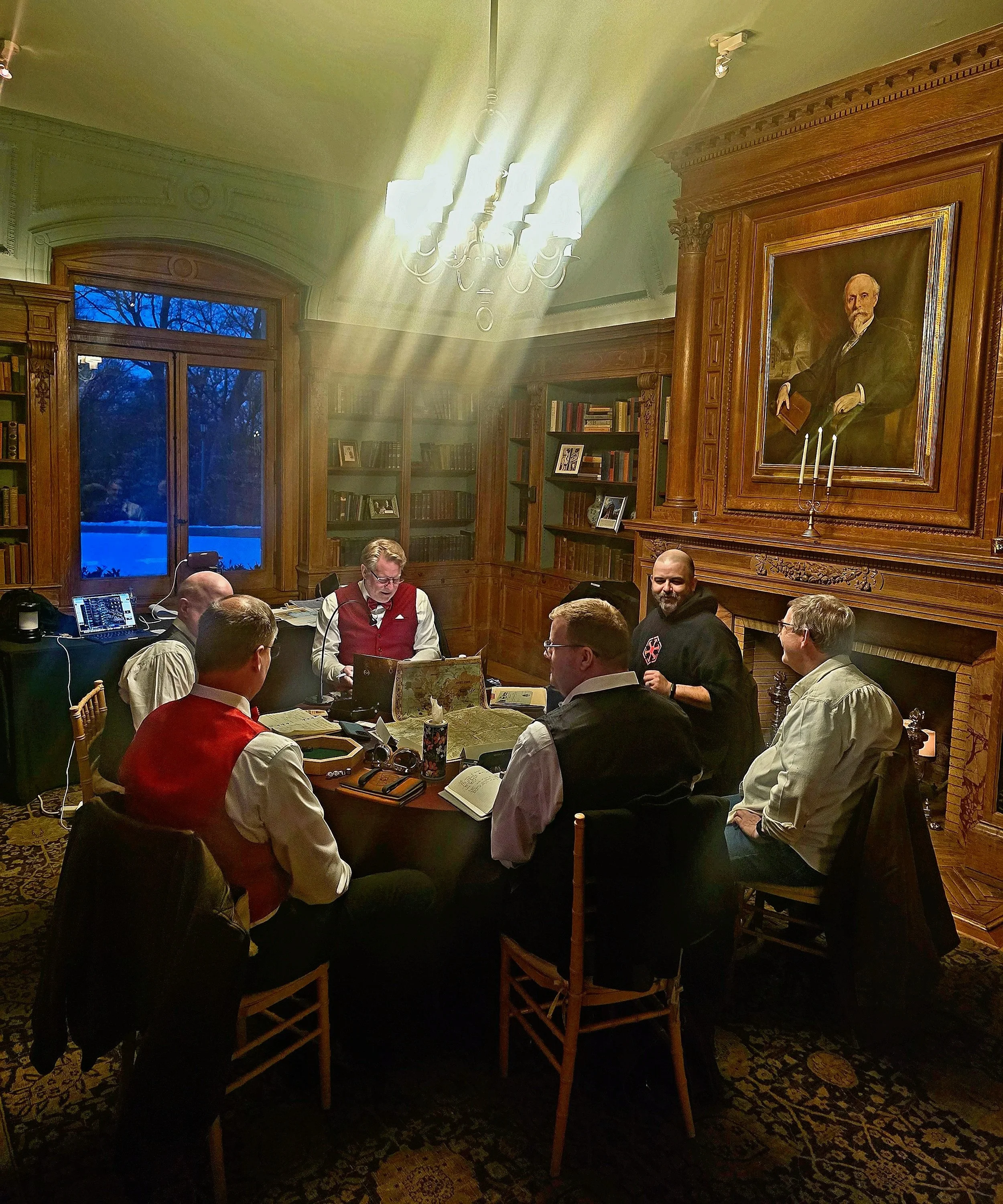 Players and a game master running an immersive tabletop RPG session in a castle setting, similar to Dungeons & Dragons, Pathfinder, and Call of Cthulhu.