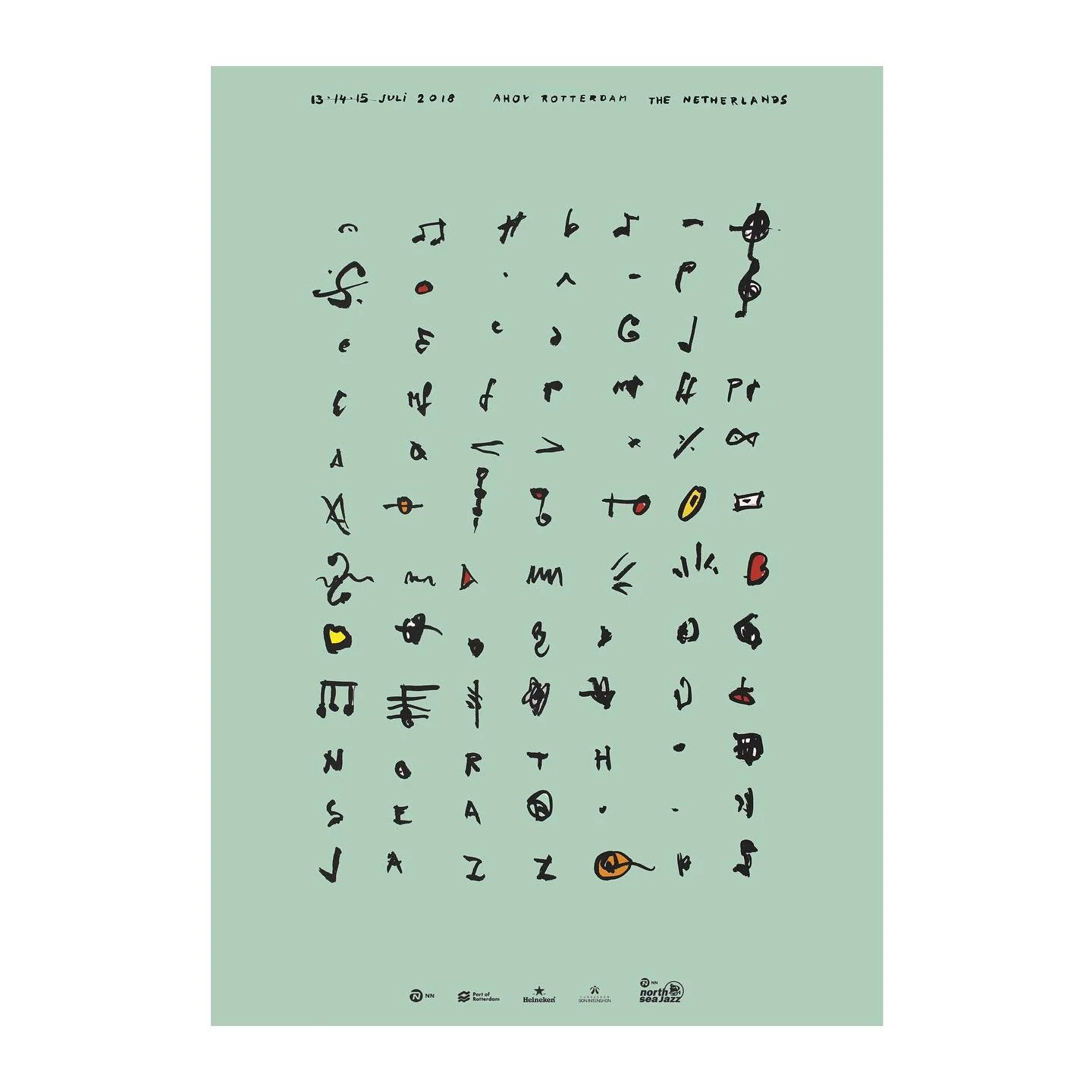 Artwork poster voor North Sea Jazz (2018) 
In deze poster visualiseer ik het notenschrift als een soort alfabet of (geheim)-taal, waar de tekens steeds gekker worden: dat staat voor improvisatie, een belangrijk deel van jazz muziek. 
Deze poster heef