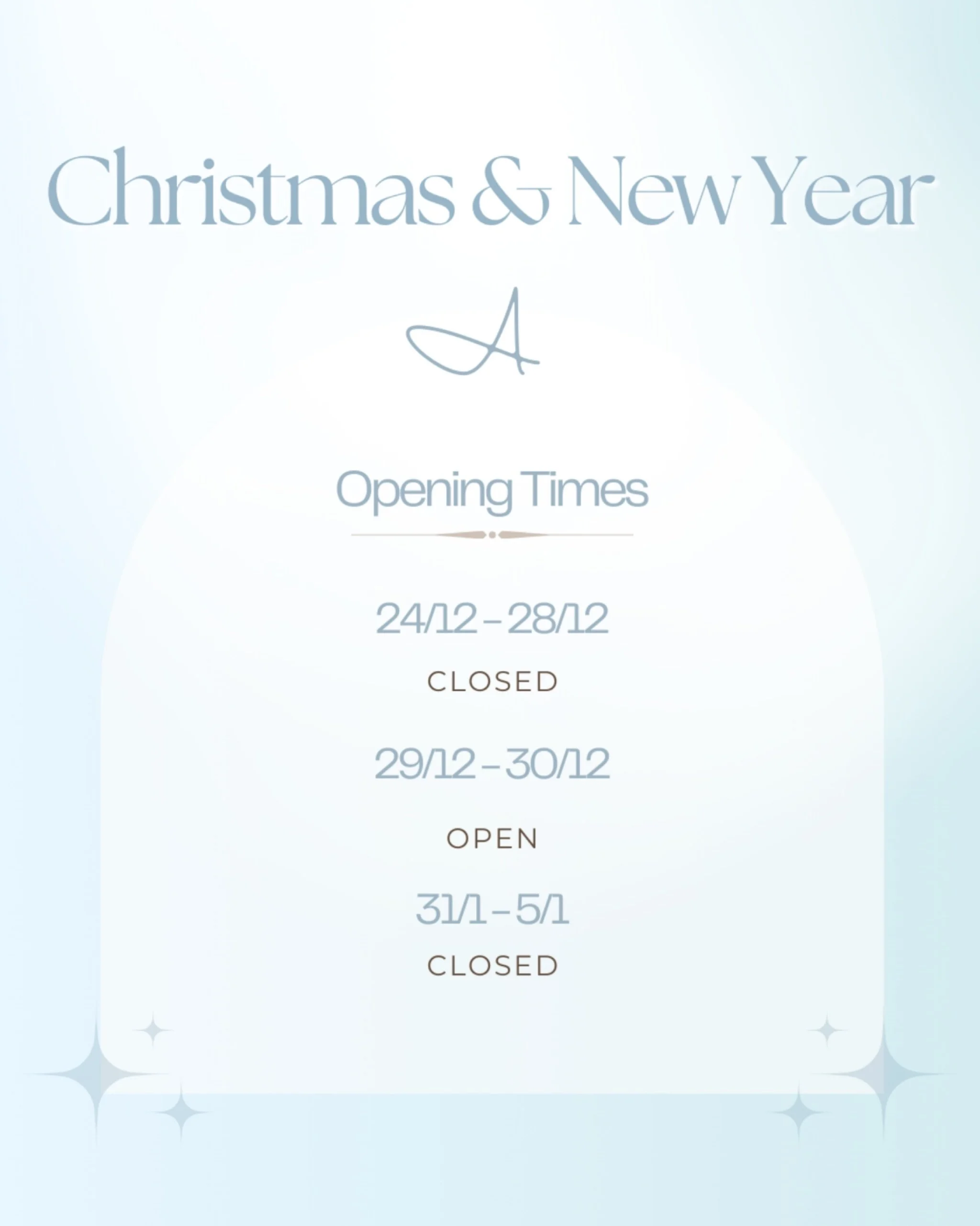 Our Christmas and New Year hours are here! We&rsquo;ll be taking a little break so make sure you book ahead to secure your holiday glow 🩵

&bull;⁠
&bull;⁠
&bull;⁠
Laser Hair Removal Melbourne⁠
Alma Soprano Ice Titanium 
#laserhairremoval #smoothskin