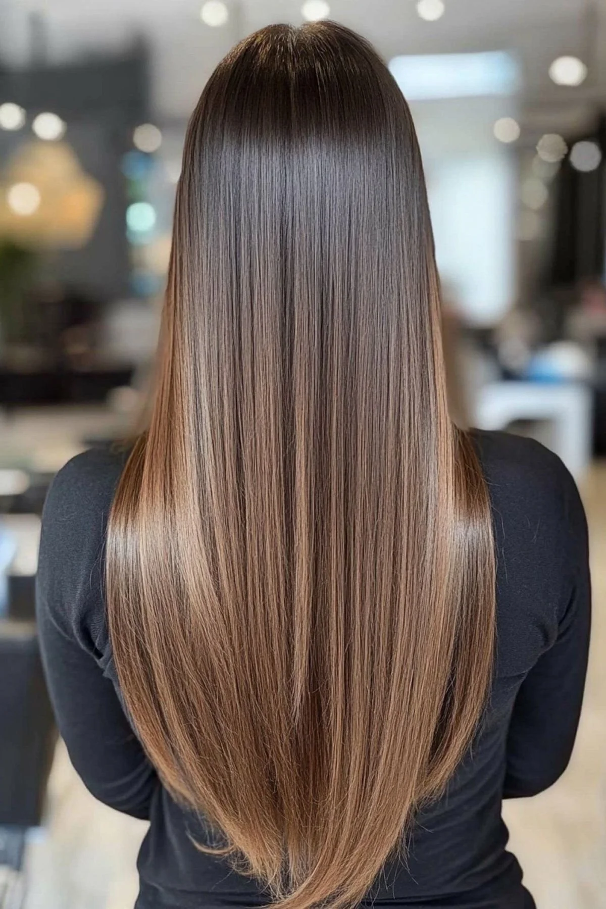 Back of a woman's head with long, straight hair featuring a gradient from dark brown at the roots to light brown at the tips. She is wearing a black top, and the background appears to be a blurred indoor setting.