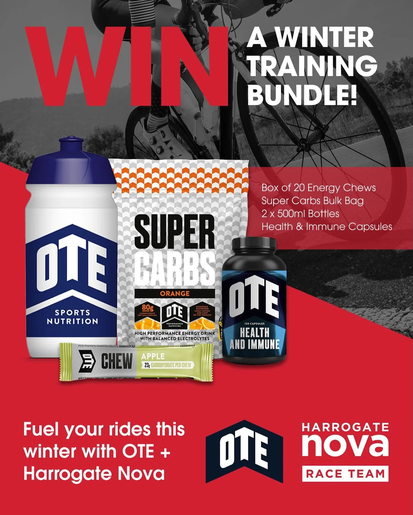WIN a Winter Training Bundle 🚴&zwj;♂️🔥
 
This winter, we&rsquo;ve got your back. @harrogatenovaracing and @otesportsgb are giving away the ultimate fuel pack to keep you riding stronger, longer, and healthier through the cold months.
 
The OTE Spor