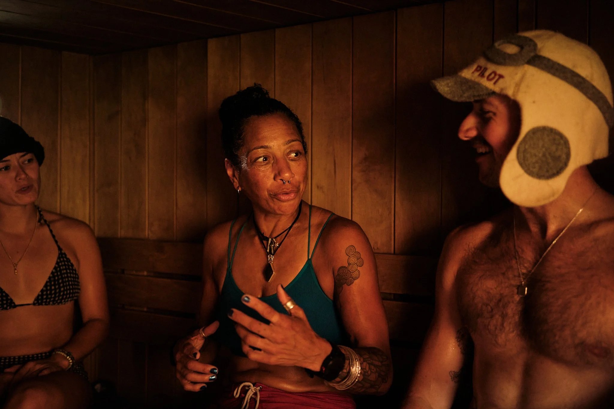 people talking inside the sauna at Hackney Community Sauna