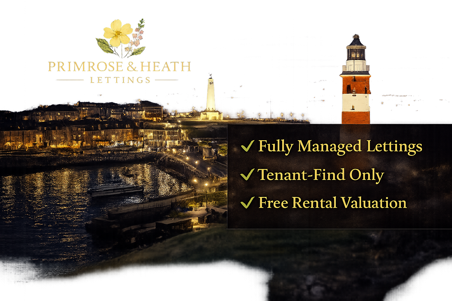 Nighttime view of a harbor with illuminated buildings and lighthouse, overlaid with text advertising Prime Rose & Heath lettings, highlighting services like fully managed lettings, tenant-find only, and free rental valuation.