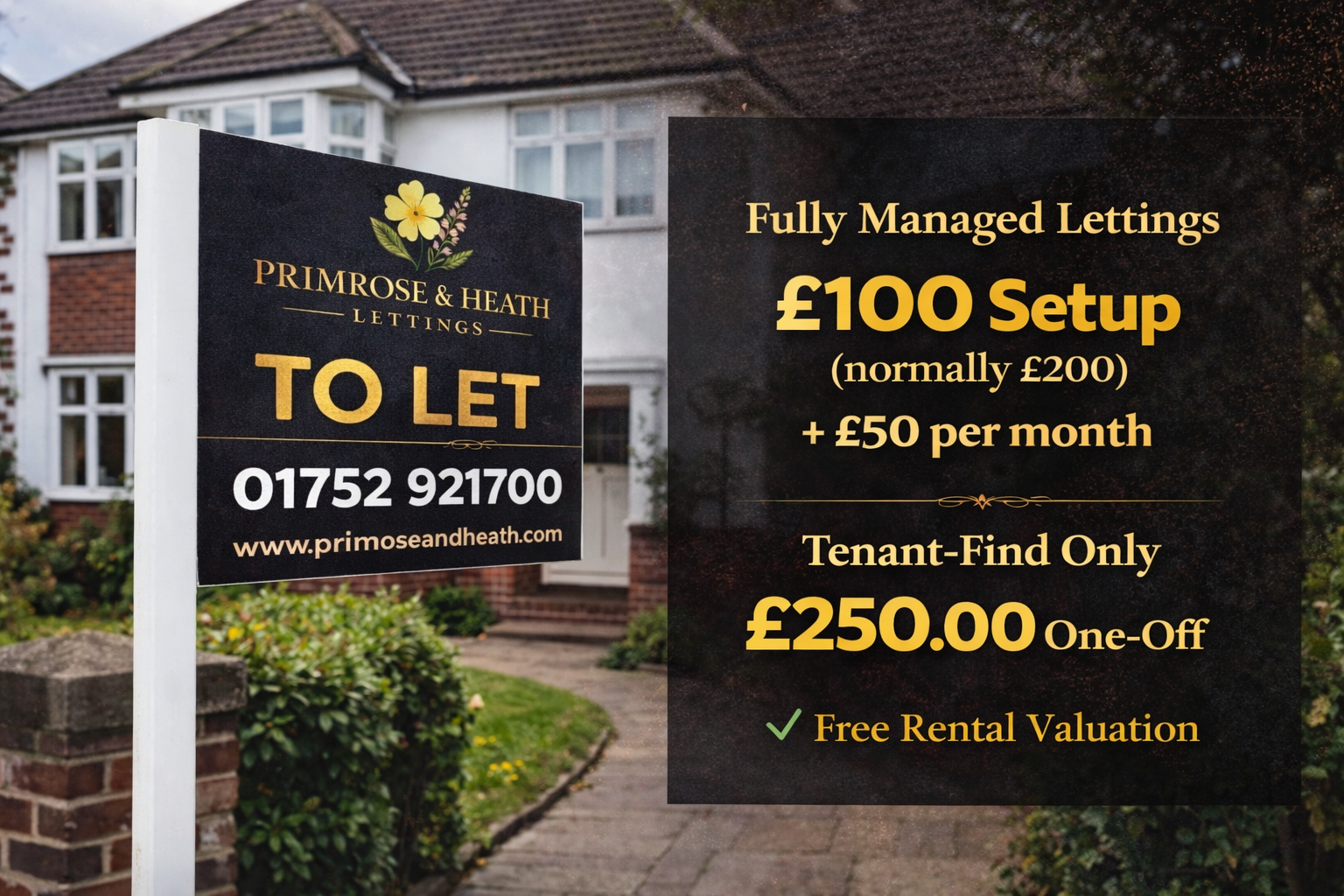 For rent sign outside a house with details about tenancy costs and contact information.