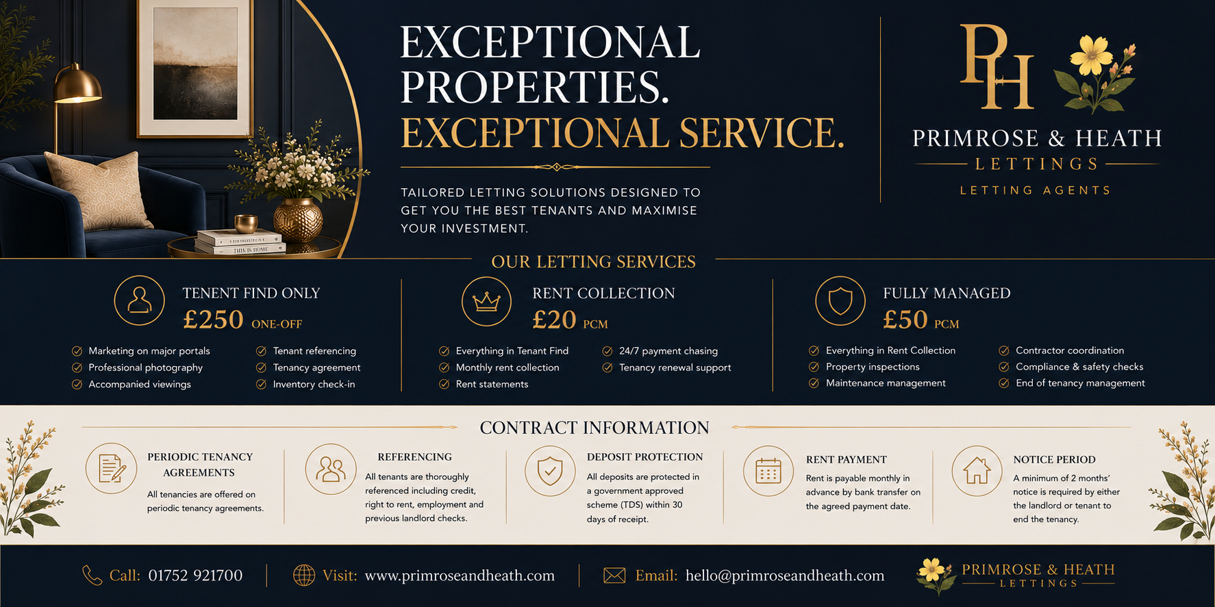 A stylish advertisement for Primrose & Heath Lettings featuring an elegant living room with a black wall, gold accents, and modern decor. The ad highlights their property management services, including tenant find, rent collection, and fully managed options, with contact information and website at the bottom.