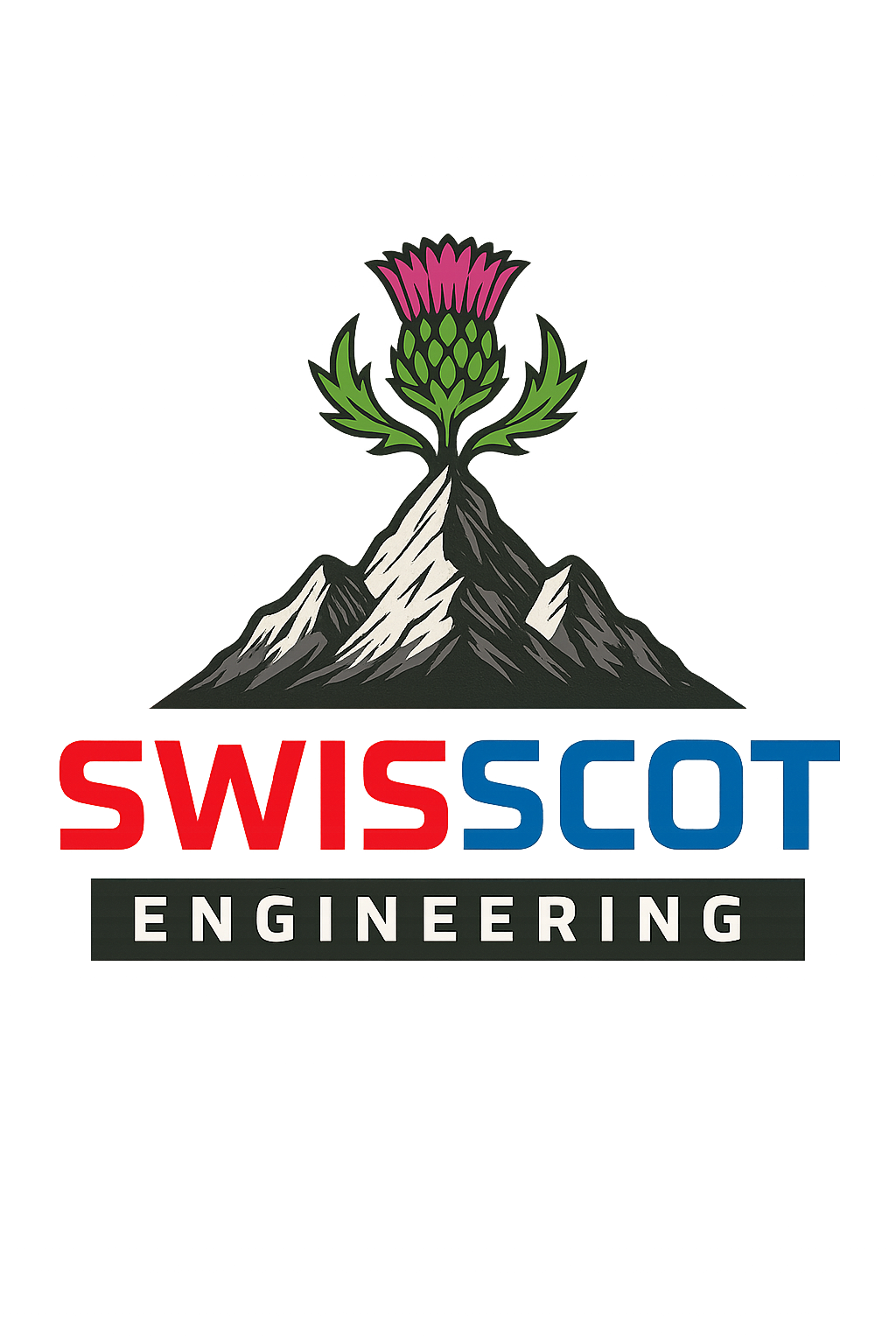 A logo featuring a mountain with a pink flower blooming at the top, the words 'SWISS' in red and 'SCOT' in blue below, and the word 'ENGINEERING' in white on a black background.