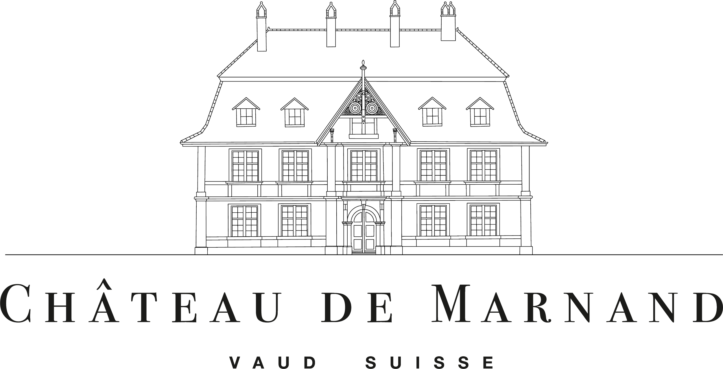 château de Marnand avec son toit à la Mansart avec plusieurs fenêtres XVIIIe, porte XVIIIe, fronton Art Nouveau, avec le texte Château de Marnand Vaud Suisse