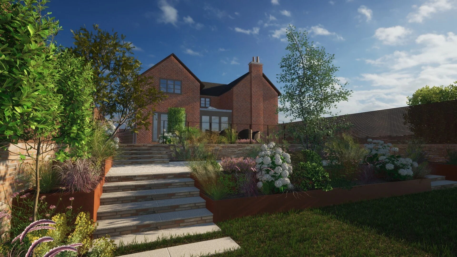 A landscaped backyard with brick steps leading up to a brick house, surrounded by green trees, bushes, and flowering plants under a partly cloudy sky.