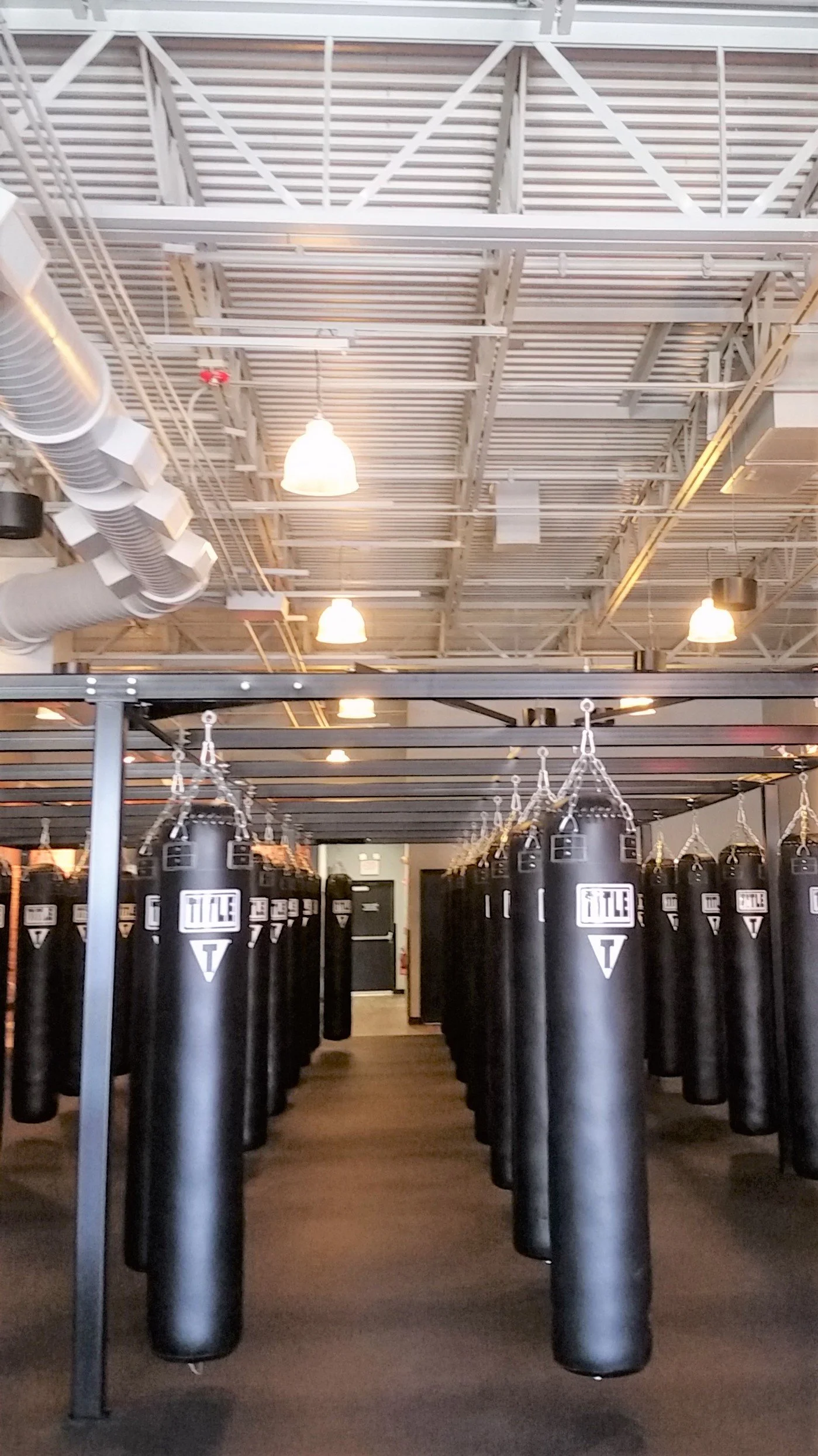 Rows of black punching bags hanging in a gym space with industrial ceiling and lighting.