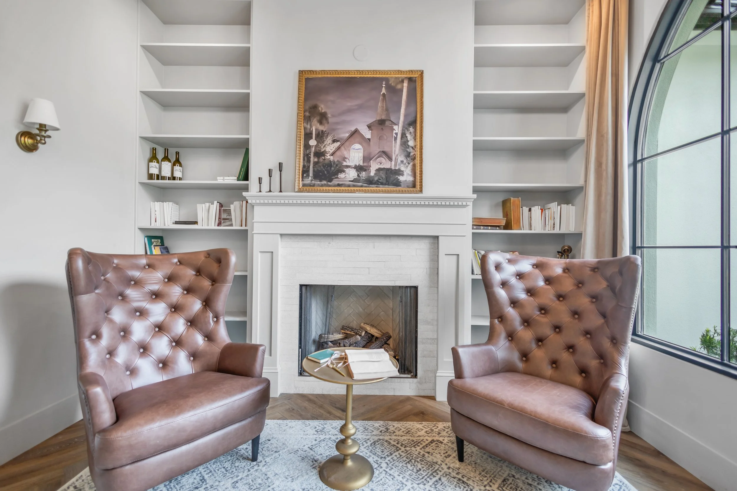 Library with fireplace