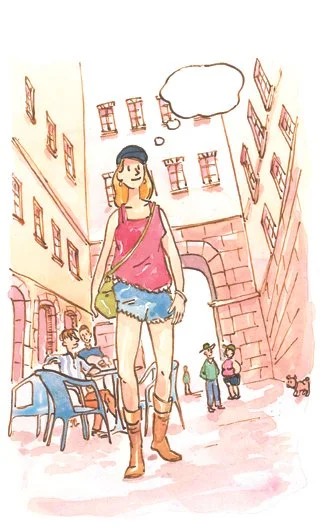 Marcher dans la rue, encre et aquarelle