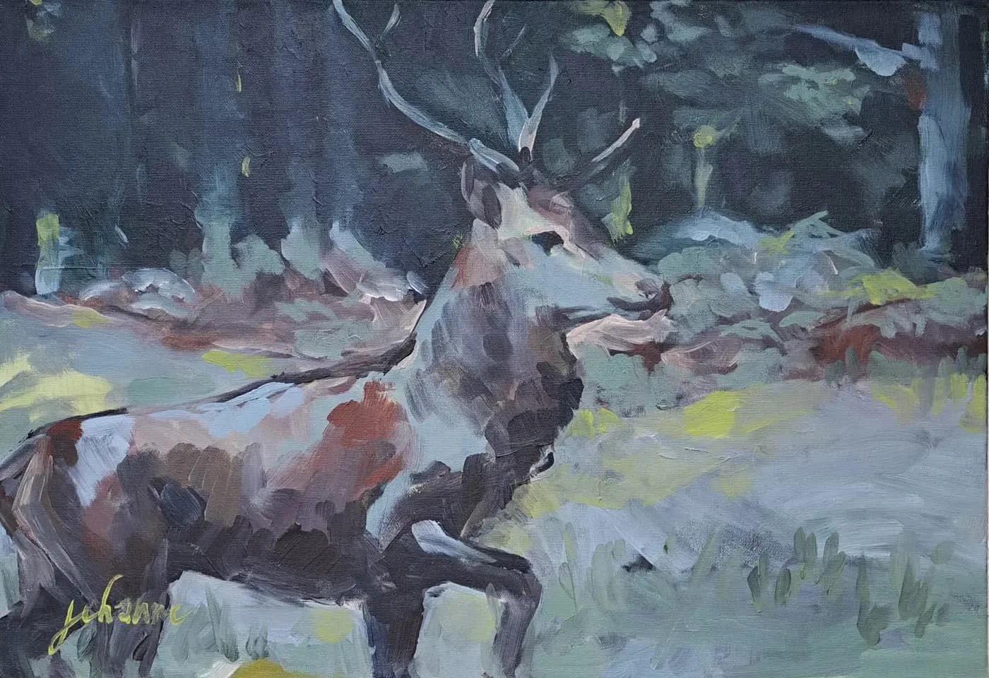 Cerf en marche, Acrylique sur toile, 38x55cm, 2024
