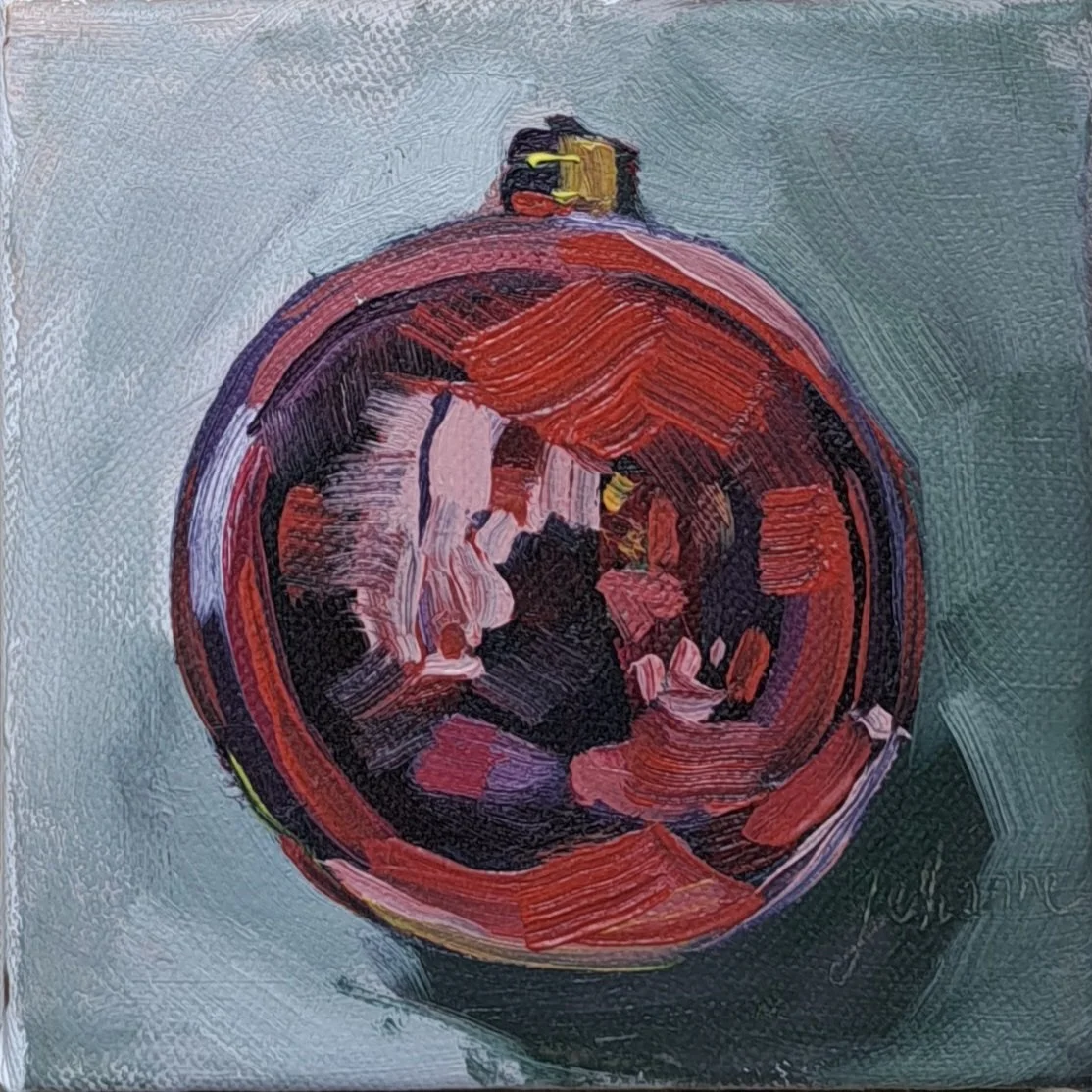 Boule de Noël rouge, Huile sur toile, 12x12 cm, 2024