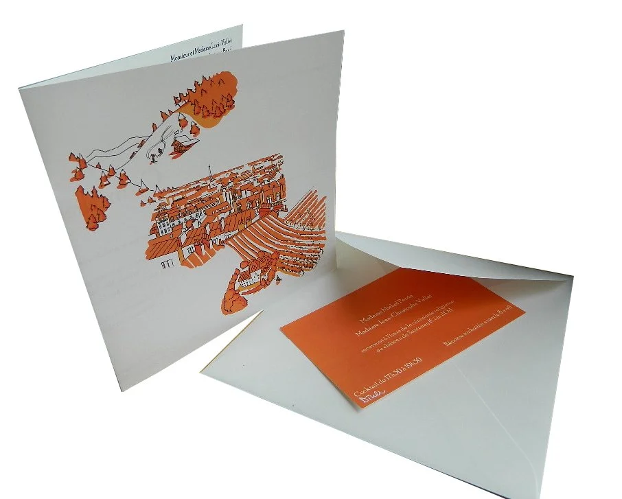 Faire-part de mariage. Numérique. Thème orange ; menu, livret de messe, carte du diner.