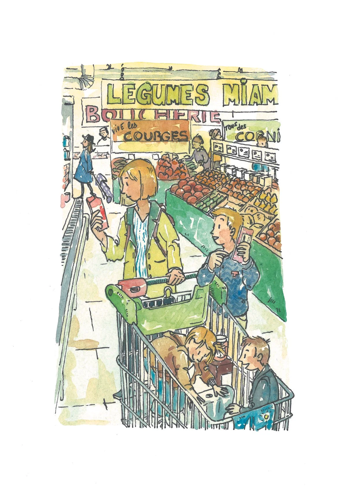 Les courses - entre les réclamations des uns et l'organisation interne du contenu du chariot avec les plus jeunes, pendant que l'adulte décrypte les ingrédients du paquet.
Encre et aquarelle, format A5