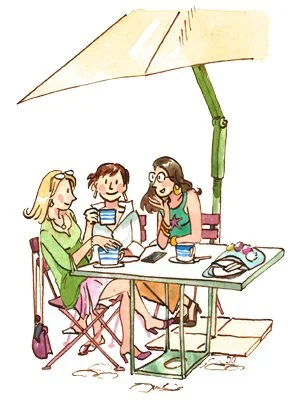 Le café avec les copines, encre et aquarelle