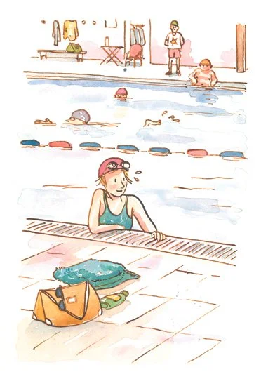 La natation, encre et aquarelle 