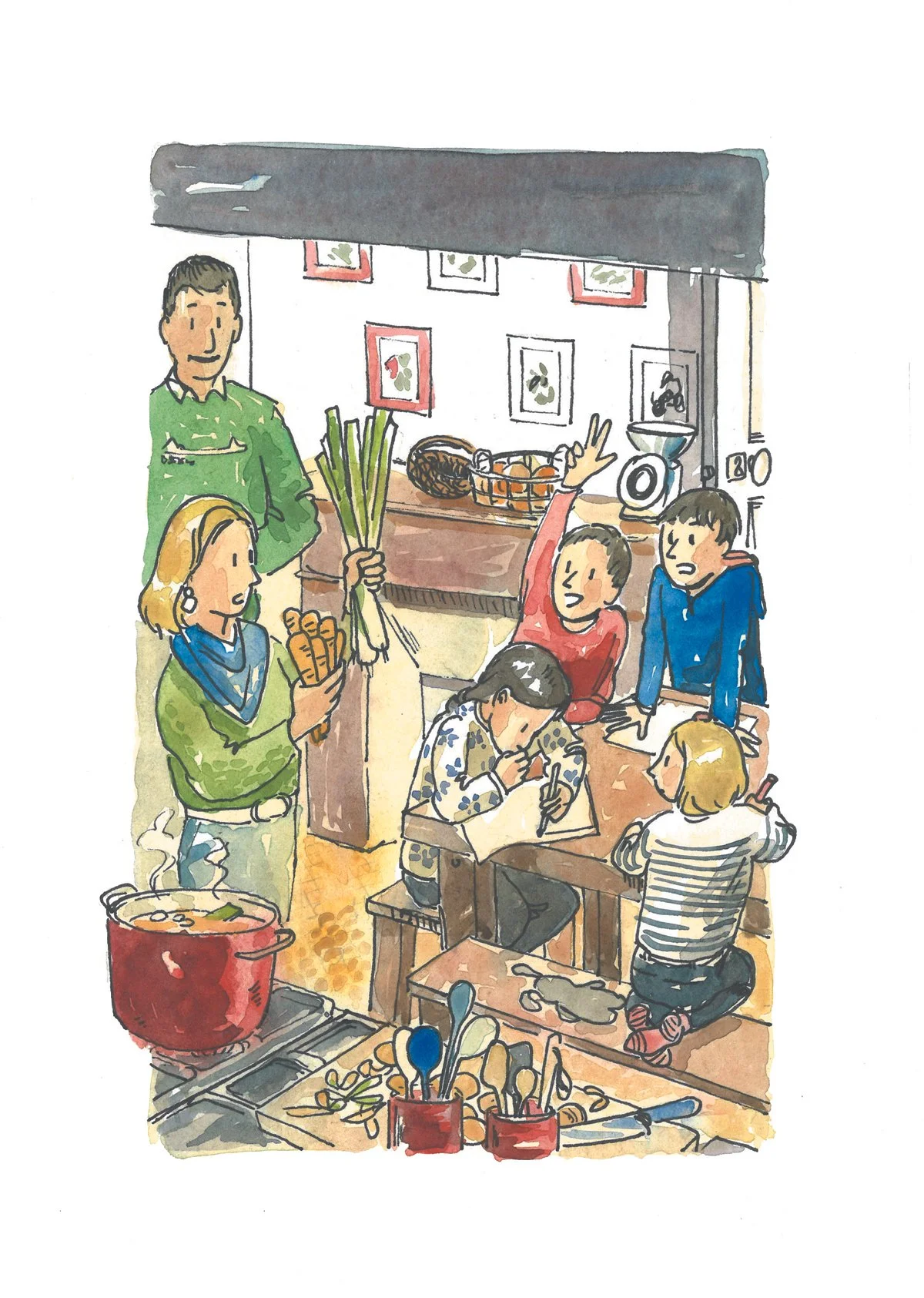 Les devoirs, tout en préparant le dîner.
Encre et aquarelle, format A5