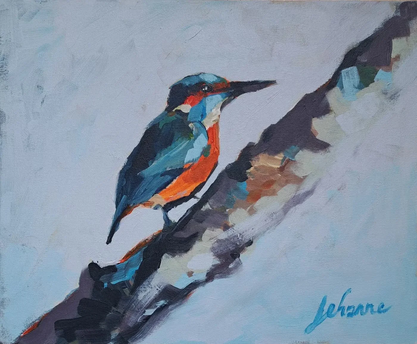 Martin-pêcheur sur branche, Acrylique sur toile, 38x46cm, 2024