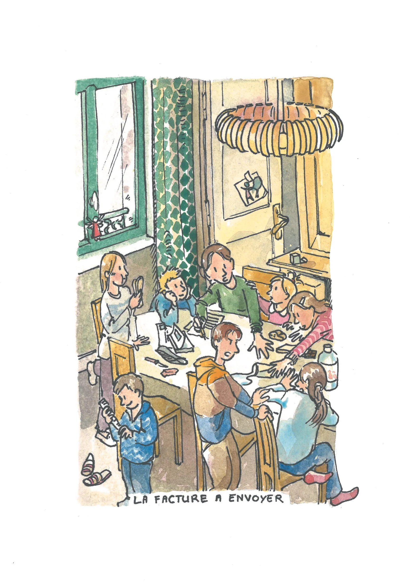 La facture, ou comment faire de l'administratif quand on n'a pas de bureau et une famille nombreuse...
Encre et aquarelle, format A5