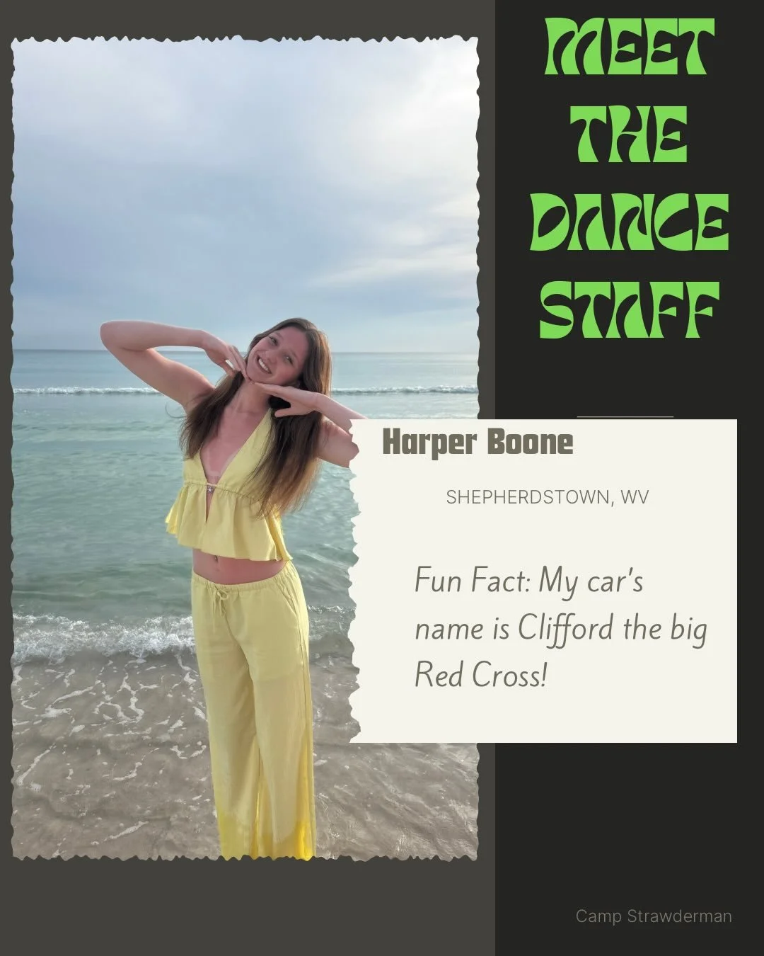 Next up is our DANCE STAFF!! We are so incredibly lucky to have these two ladies showing us how to bust a move all summer long! Everyone welcome Harper and Ava!