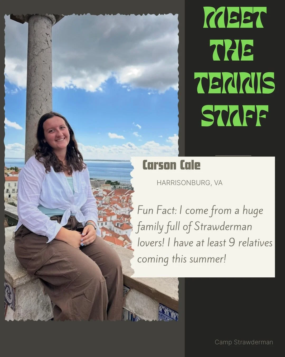 Meet our 2026 Tennis Staff!! We are so excited to have Carson, Finley, and Margarita teach us how to be ten-tens this summer!