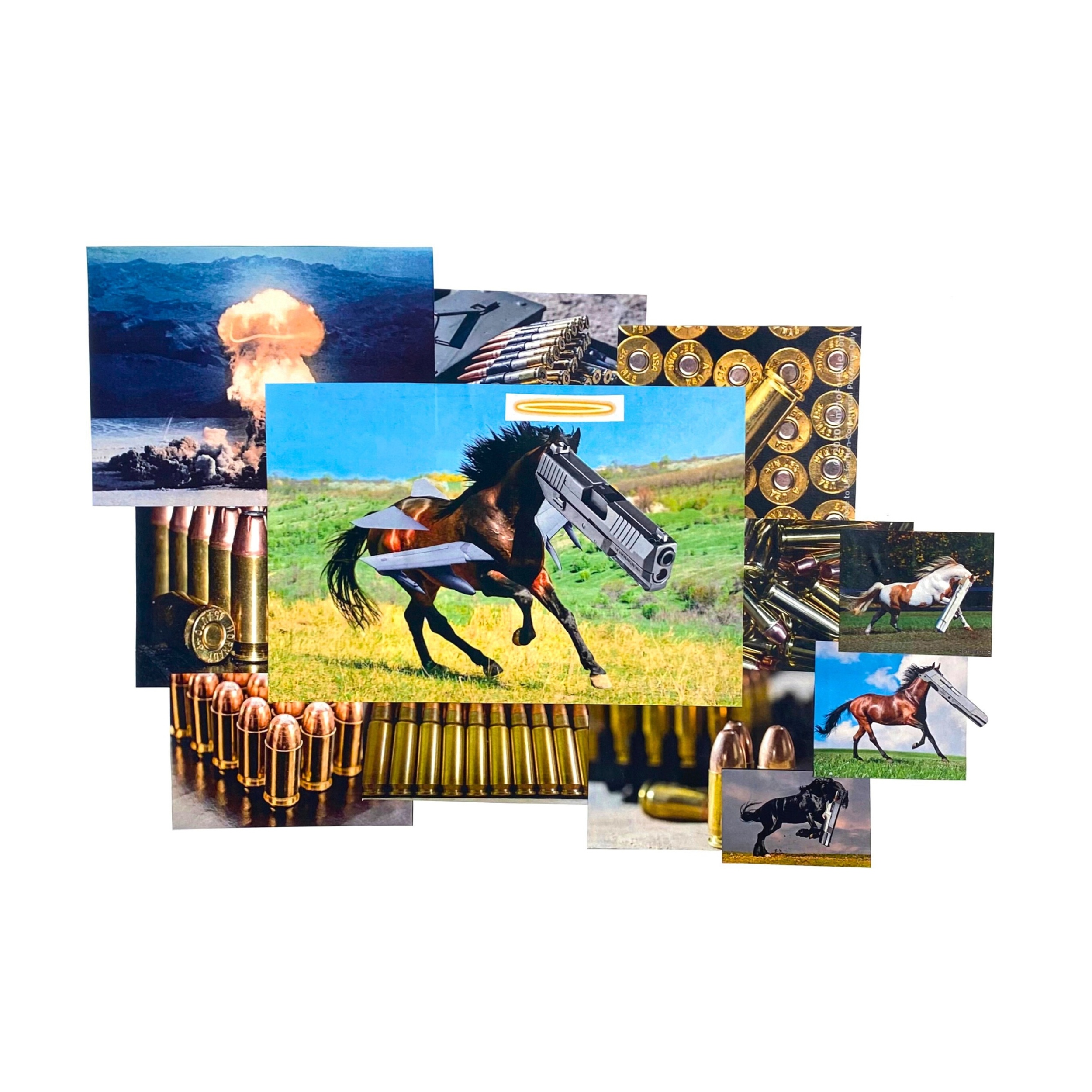 Collage of images including explosions, bullets, a horse with a gun, a horse with a jetpack, and a horse with a missile launcher.
